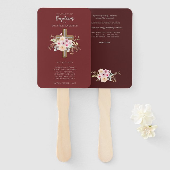 Taufprogramm-Fan - Blumenkreuz Burgund Fächer (Vorne und Hinten)
