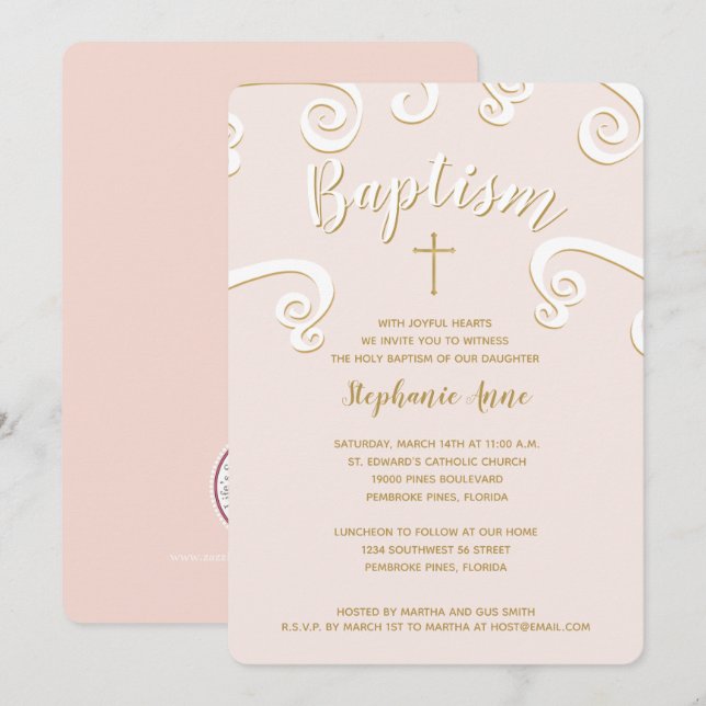 Taufscrolls in Rosa und Gold Einladung (Vorne/Hinten)