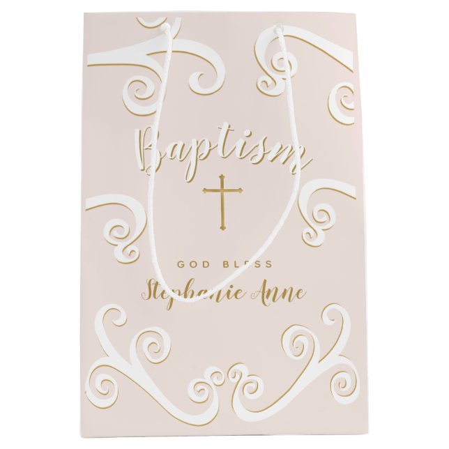 Taufscrolls in Rosa und Gold Mittlere Geschenktüte (Vorderseite)