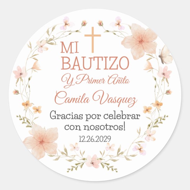 Taufsticker auf Spanisch mit Niedlich rosa Blume Runder Aufkleber (Vorderseite)