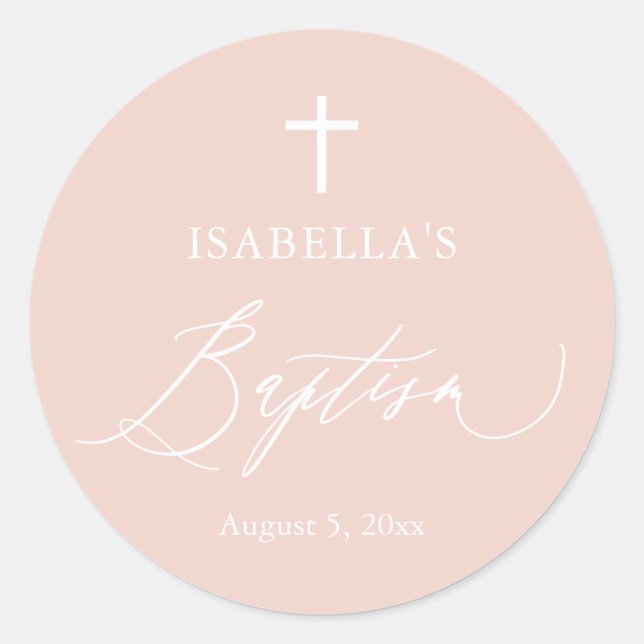 Taufsticker, Rosa, Weiße Kreuz Runder Aufkleber (Vorderseite)