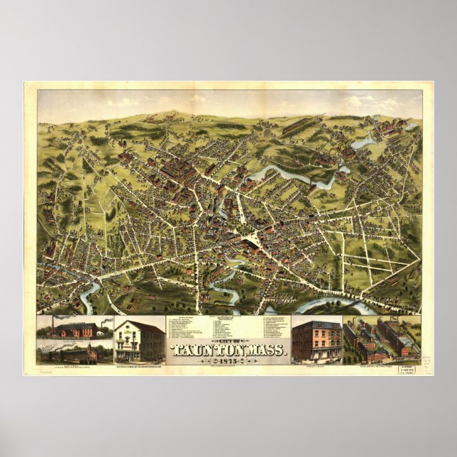 Taunton Massachusetts 1875 Antique Panoramabalkart Poster (Vorne)