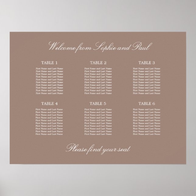 Taupe 6 Tabelle Hochzeitsdiagramm Poster (Vorne)