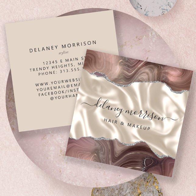 Taupe Agate Silver Glitter Luxury Quadratische Visitenkarte (Von Creator hochgeladen)
