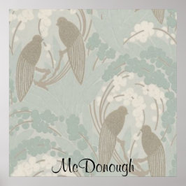 Taupe and Blue Paradise Garden Pattern Poster