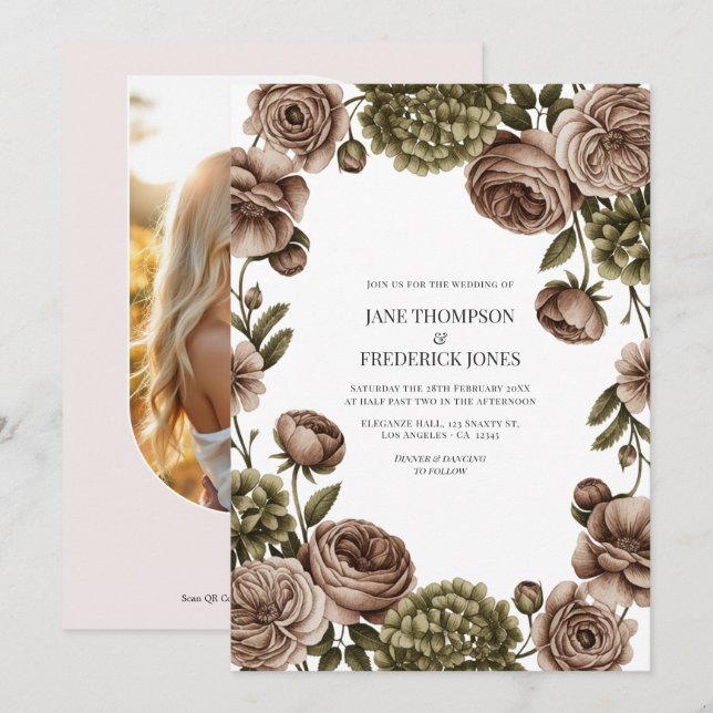 Taupe and Olive Green Watercolor Floral Wedding Einladung (Vorne/Hinten)