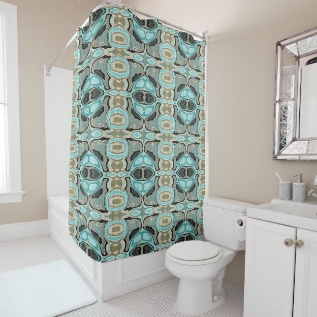 Taupe Aquamarin Aqua Turquoise Bali Batik Muster Duschvorhang (Beispiel)