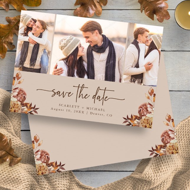 Taupe Autumn Floral Foto Save The Date (Elegant Taupe Autumn Floral Photo Save The Date Card by Painted Paperie
)