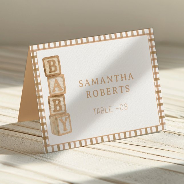 Taupe Baby Blocks Editable Tent Cards | Place Card Tischnummer (Baby Shower Table Number)