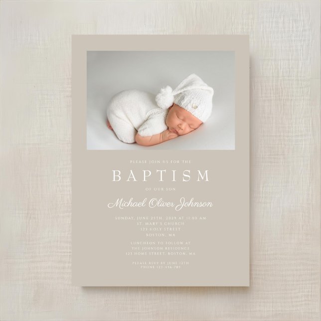 Taupe Beige Moderne Foto Taufe Einladung (Taupe Beige Modern Photo Baptism Invitation)