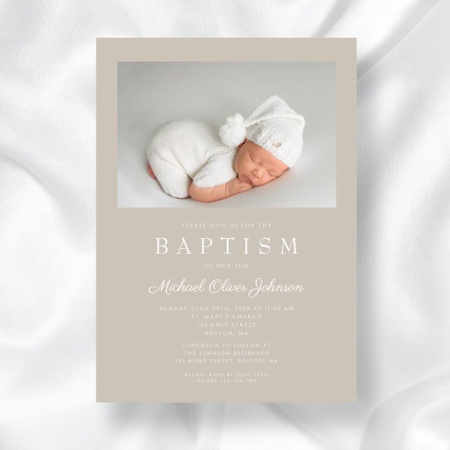 Taupe Beige Moderne Foto Taufe Einladung (Taupe Beige Modern Photo Baptism Invitation)