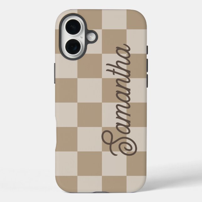 Taupe Beige Schachbretter Script Name iPhone 16 Plus Hülle (Rückseite)