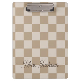 Taupe Beige Schachbretter Skriptname Personalisier Klemmbrett