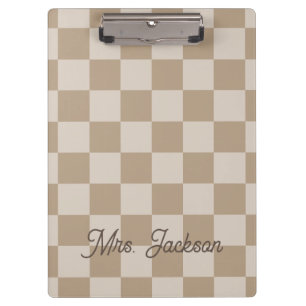 Taupe Beige Schachbretter Skriptname Personalisier Klemmbrett