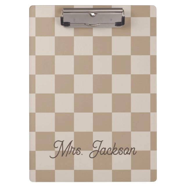 Taupe Beige Schachbretter Skriptname Personalisier Klemmbrett (Vorderseite)
