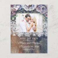 Taupe, Blue und Maroon Floral Save the Date rustik