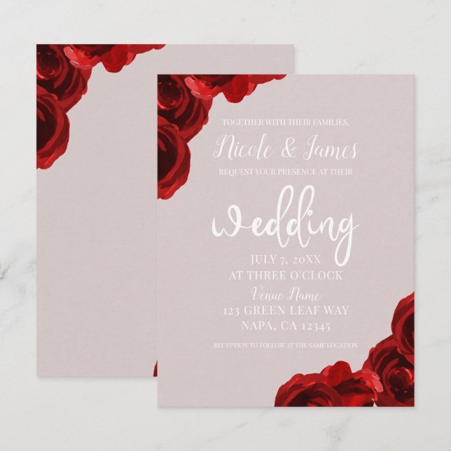 Taupe Blush Red Watercolor Rose Moderne Hochzeit Einladung (Vorne/Hinten)