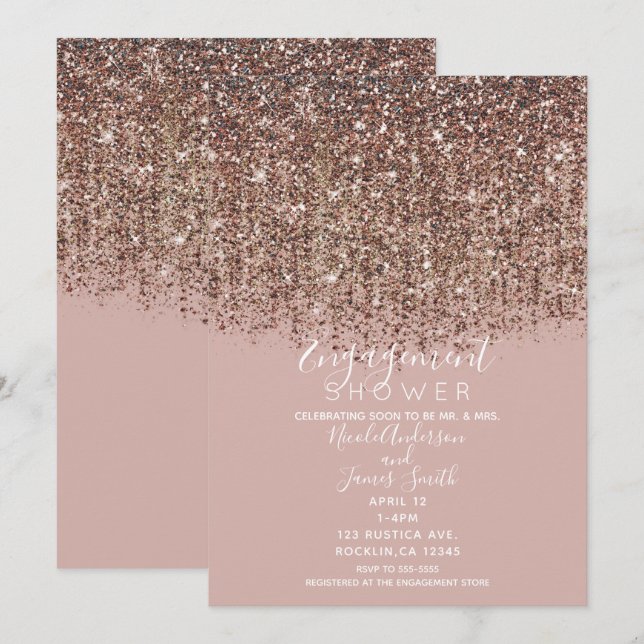Taupe Blush Rose Gold Glitzer Verlobung Dusche Einladung (Vorne/Hinten)