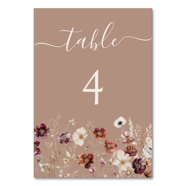 Taupe Boho Fall Wildblume Wedding Tischnummer (Vorderseite)