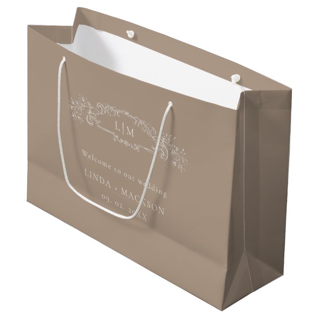 Taupe botanisches Wappen Monogramm Hochzeit Große Geschenktüte (Vorderseite Schrägansicht)