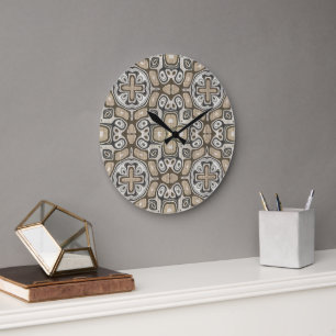 Taupe Brown Gray Beige Angesagte Bohemische Kunst Große Wanduhr