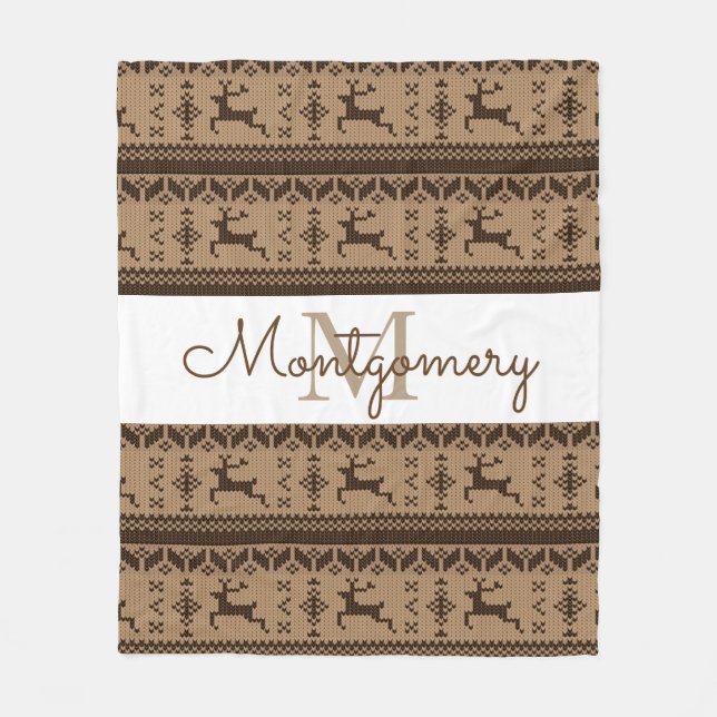 Taupe & Brown Rentier Nordic Sweater Pattern Fleecedecke (Vorderseite)