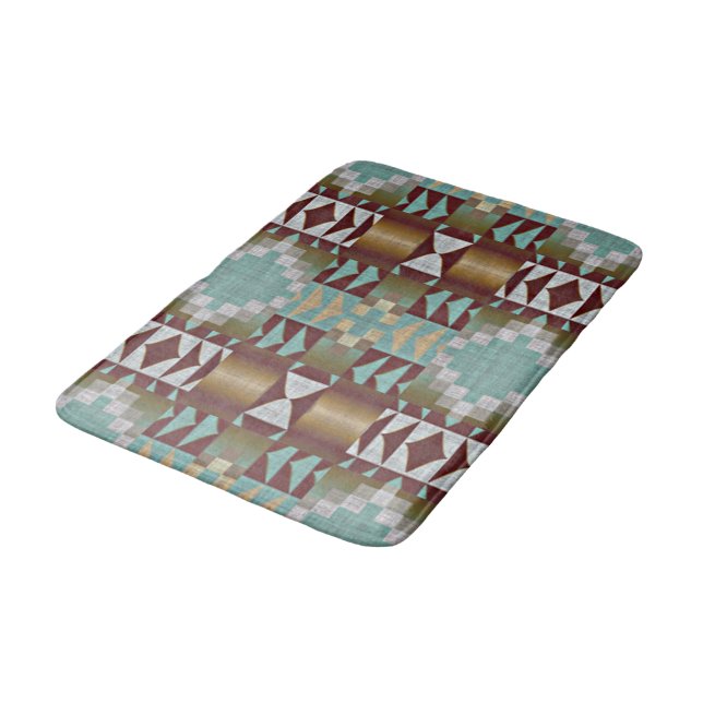 Taupe Brown Turquoise Aqua Blue Tribal Muster Badematte (Schrägansicht)
