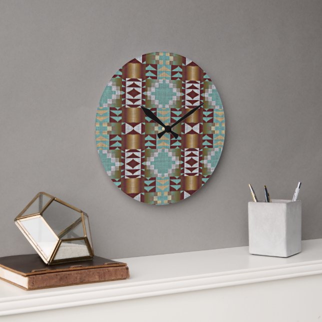 Taupe Brown Turquoise Aqua Blue Tribal Muster Große Wanduhr (Büro)