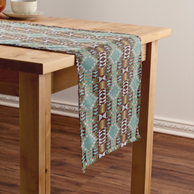 Taupe Brown Turquoise Aqua Blue Tribal Muster Großer Tischläufer (Beispiel)