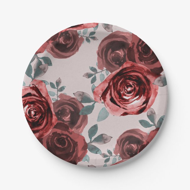 Taupe Burgundy Rose Grüne Hochzeit Pappteller (Vorderseite)