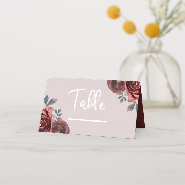 Taupe Burgundy Rose Grüne Hochzeit Platzkarte (Vorderseite)