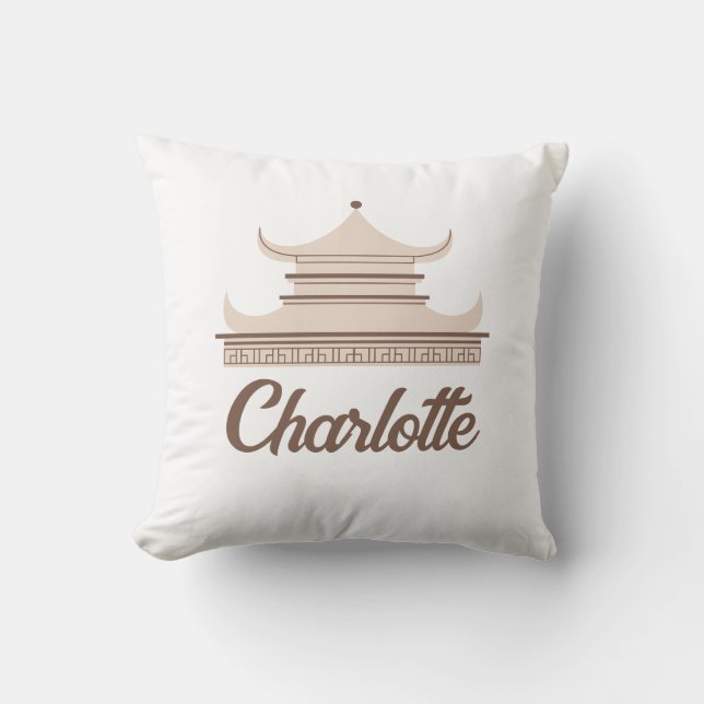 Taupe Chinoiserie Pagoda Individuelle Name Kissen (Vorderseite)