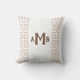 Taupe Chinoiserie Wide Greek Key Strip Monogramm Kissen