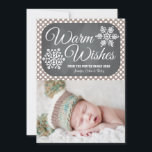 Taupe Dot Chalkboard Snowflake Holiday Foto Card Feiertagskarte<br><div class="desc">Add your favorite family foto or babys first holiday or baby boy or baby girl Christmas picture to this sweet, modern and pretty winter themed holiday foto card with two snowflakes on chalkboard background and brown maupe hue dot pattern. It says Warm Wishes and it can be personalized with your...</div>