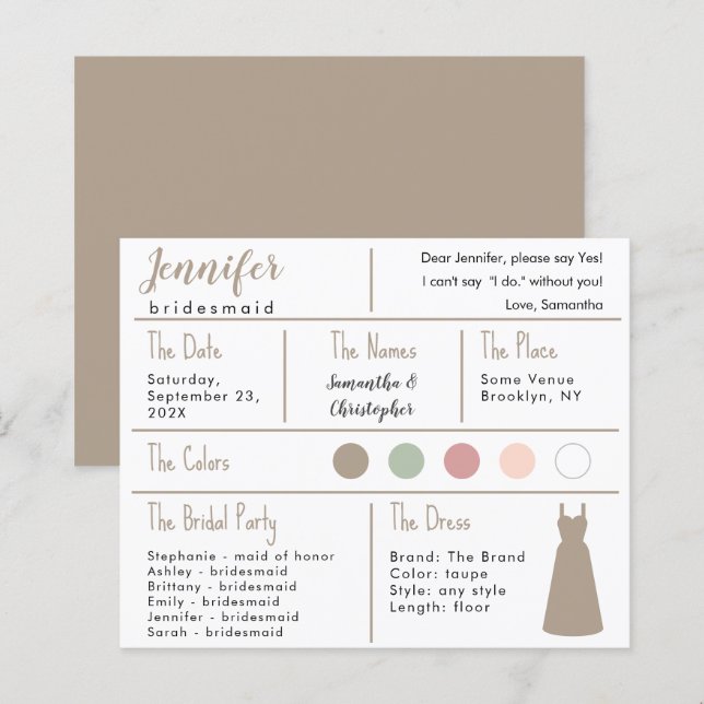 Taupe Dress Color Bridesmaid Information Card (Vorne/Hinten)