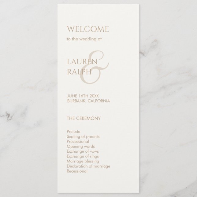 Taupe et Monogramme d'ivoire Programme de mariage  (Devant)