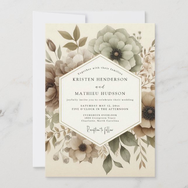 Taupe Ethereal Bloom Wedding Einladung (Vorderseite)