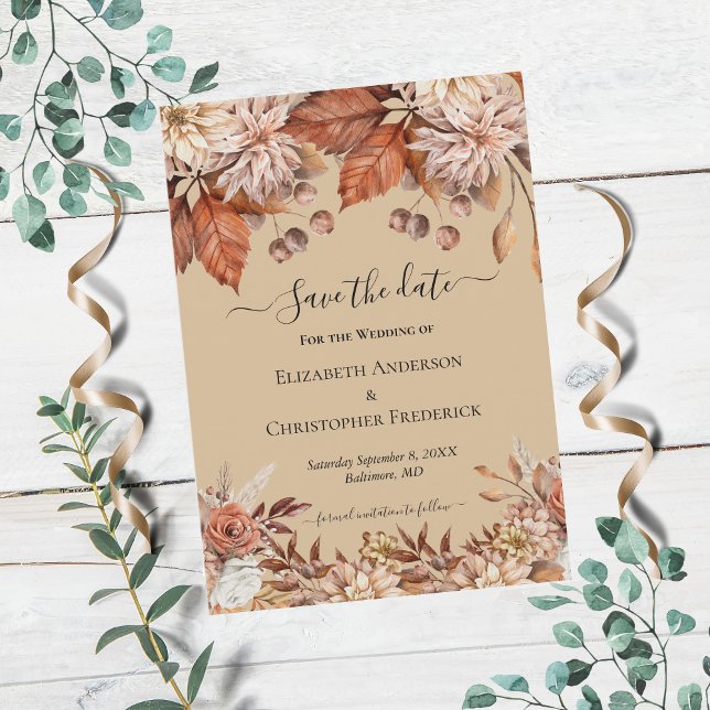 Taupe Floral Terracotta Hochzeit retten Datum Einladung (Von Creator hochgeladen)