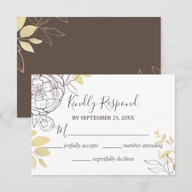 Taupe foncée et pivoine d'or Mariage floral carte  (Devant / Derrière)