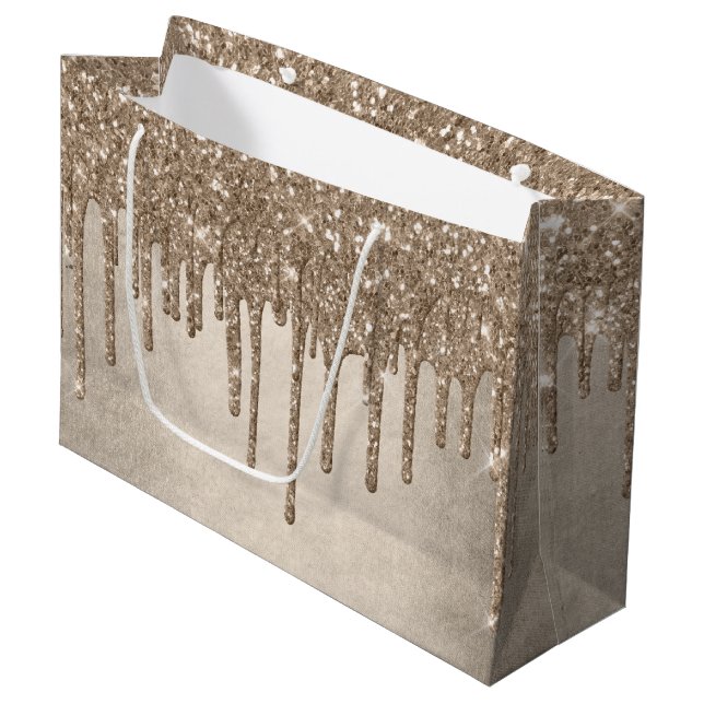 Taupe-Glitzer | Champagne Gold Drizzle Große Geschenktüte (Vorderseite Schrägansicht)