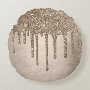 Taupe-Glitzer   Champagne Gold Drizzle Rundes Kissen