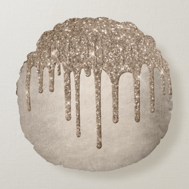 Taupe-Glitzer | Champagne Gold Drizzle Rundes Kissen (Vorderseite)