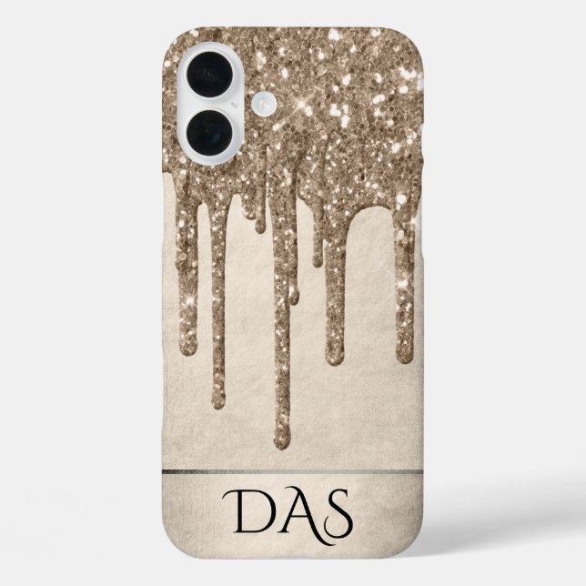 Taupe-Glitzer | Champagne Gold Monogram iPhone 16 Plus Hülle (Rückseite)