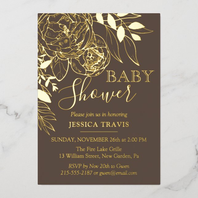 Taupe & Gold Moderne Blumen Baby Dusche Folieneinladung (Vorderseite)