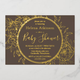 Taupe & Gold Moderne Peony Toile Baby Dusche Folieneinladung