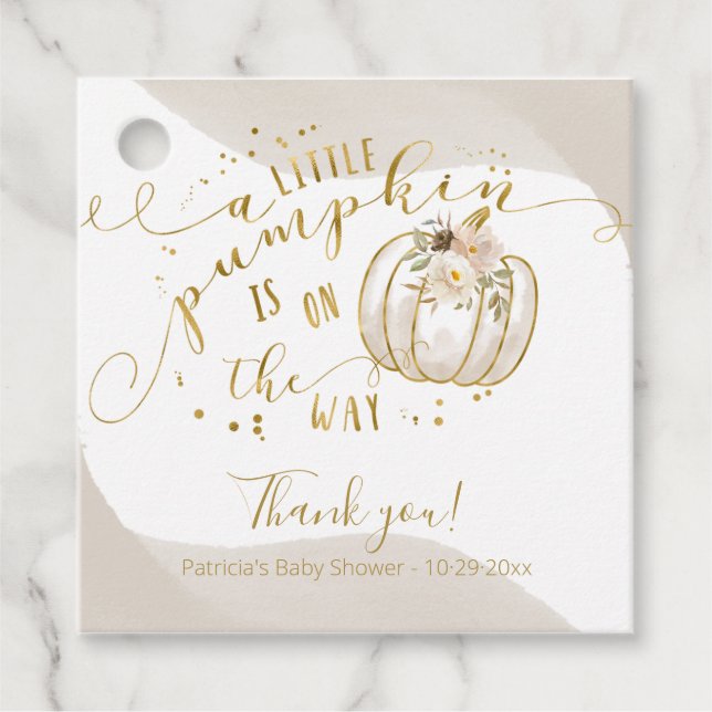 Taupe Gold Pumpkin Fall Baby Dusche Vielen Dank Geschenkanhänger (Vorderseite)