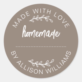 Taupe Gray Script Made With Love Homemade Food Jar Runder Aufkleber