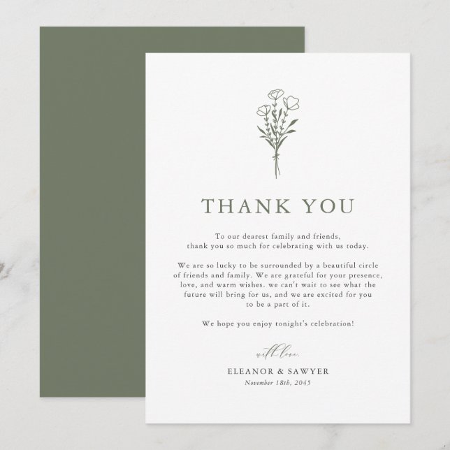 Taupe Green Boho Minimalistisch Botanicals Wedding Dankeskarte (Vorne/Hinten)