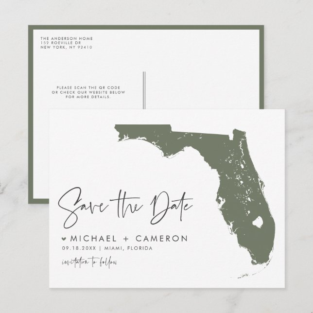 Taupe Green Florida Karte QR-Code Save the Date (Vorne/Hinten)