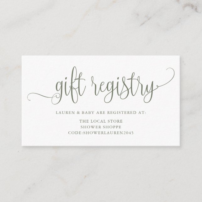 Taupe Green Hübsch Script Baby Shooting Registry Begleitkarte (Vorderseite)